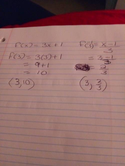 If f(x)=3x+1 and f ^-1=x-1/3 then the ordered pair of f(3)