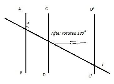 Ab is parallel to cd. cd is rotated 180°. which statement describes the relationship between c'd' an