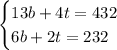 \begin{cases}13b+4t = 432\\6b+2t=232 \end{cases}