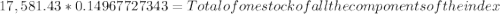 17,581.43 * 0.14967727343 = Total of one stock of all the components of the index