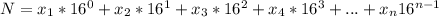 N = x_{1} * 16^{0} + x_{2} * 16^{1} + x_{3} * 16^{2} + x_{4} * 16^{3} + ... + x_n 16^{n-1}