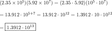 (2.35\times10^5)(5.92\times10^7)=(2.35\cdot5.92)(10^5\cdot10^7)\\\\=13.912\cdot10^{5+7}=13.912\cdot10^{12}=1.3912\cdot10\cdot10^{12}\\\\=\boxed{1.3912\cdot10^{13}}