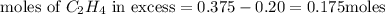 \text{ moles of }C_{2}H_{4} \text{ in excess}= 0.375-0.20 = 0.175 \text{moles}