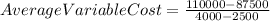 Average Variable Cost = \frac{110000 - 87500}{4000 - 2500}