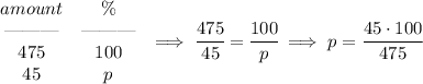 \fb \begin{array}{ccll}&#10;amount&\%\\&#10;\text{\textemdash\textemdash\textemdash}&\text{\textemdash\textemdash\textemdash}\\&#10;475&100\\&#10;45&p&#10;\end{array}\implies \cfrac{475}{45}=\cfrac{100}{p}\implies p=\cfrac{45\cdot 100}{475}