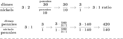 \bf \cfrac{dimes}{nickels}\qquad 3:2\qquad\cfrac{\stackrel{pennies}{30}}{\stackrel{pennies}{10}}\implies \cfrac{30}{10}\implies \cfrac{3}{1}\implies 3:1~ratio&#10;\\\\\\&#10;\cfrac{\stackrel{dimes}{pennies}}{\stackrel{nickels}{pennies}}\qquad 3:1\qquad \cfrac{3}{1}\implies \cfrac{3\cdot \frac{560}{3+1}}{1\cdot \frac{560}{3+1}}\implies \cfrac{3\cdot 140}{1\cdot 140}\implies \cfrac{420}{140}\\\\&#10;-------------------------------