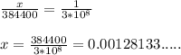 \frac{x}{384400}=\frac{1}{3*10^8}\\ \\ x= \frac{384400}{3*10^8}=0.00128133.....