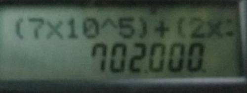 Find (7 × 10^5) + (2 × 10^3). a) 7.002 × 10^3  b) 7.002 × 10^5  c) 7.02 × 10^3  d) 7.02 × 10^5