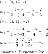 (-4,\ 0),\ (2,\ 4)\\\\m_1=\dfrac{4-0}{2-(-4)}=\dfrac{4}{6}=\dfrac{2}{3}\\\\(-3,\ 4),\ (1,\ -2)\\\\m_2=\dfrac{-2-4}{1-(-3)}=\dfrac{-6}{4}=-\dfrac{3}{2}\\\\m_1m_2=\dfrac{2}{3}\cdot\left(-\dfrac{3}{2}\right)=-1\\\\\ Perpendicular