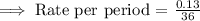 \implies\text{Rate per period = }\frac{0.13}{36}