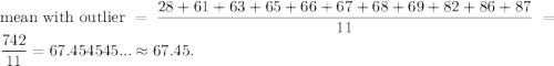 \text{mean with outlier}=\dfrac{28+61+63+65+66+67+68+69+82+86+87}{11}=\dfrac{742}{11}=67.454545...\approx67.45.