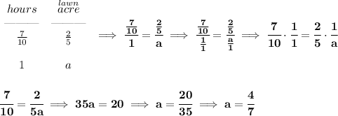 \bf \begin{array}{ccll}&#10;hours&\stackrel{lawn}{acre}\\&#10;\text{\textemdash\textemdash\textemdash}&\text{\textemdash\textemdash\textemdash}\\&#10;\frac{7}{10}&\frac{2}{5}\\\\&#10;1&a&#10;\end{array}\implies \cfrac{\frac{7}{10}}{1}=\cfrac{\frac{2}{5}}{a}\implies \cfrac{\frac{7}{10}}{\frac{1}{1}}=\cfrac{\frac{2}{5}}{\frac{a}{1}}\implies \cfrac{7}{10}\cdot \cfrac{1}{1}=\cfrac{2}{5}\cdot \cfrac{1}{a}&#10;\\\\\\&#10;\cfrac{7}{10}=\cfrac{2}{5a}\implies 35a=20\implies a=\cfrac{20}{35}\implies a=\cfrac{4}{7}
