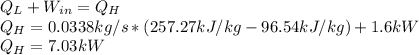 Q_L+W_{in}=Q_H\\Q_H=0.0338kg/s*(257.27kJ/kg-96.54kJ/kg)+1.6kW\\Q_H=7.03kW