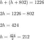 h+(h+802)=1226\\ \\ 2h=1226-802\\ \\ 2h=424\\ \\ h= \frac{424}{2}=212