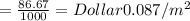 =  \frac{86.67}{1000} = Dollar 0.087/m^2