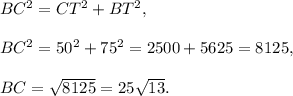 BC^2=CT^2+BT^2,\\ \\BC^2=50^2+75^2=2500+5625=8125,\\ \\BC=\sqrt{8125}=25\sqrt{13}.