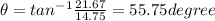 \theta = tan^{-1}\frac{21.67}{14.75}= 55.75 degree