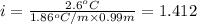 i = \frac{2.6^{o}C}{1.86^{o}C/m\times 0.99 m} = 1.412