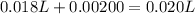 0.018 L + 0.00200 = 0.020 L