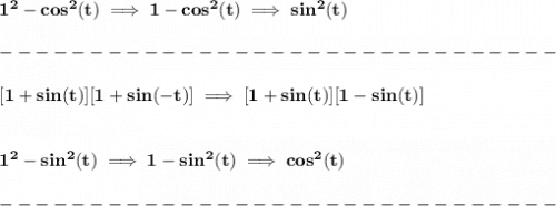 \bf 1^2-cos^2(t)\implies 1-cos^2(t)\implies sin^2(t)\\\\&#10;-------------------------------\\\\\&#10;%Simplify each expression.  (1−cos⁡(−t))(1+cos⁡(t)) =  (1+sin(t))(1+sin(-t))=  csc⁡(t)tan⁡(t)+sec⁡(−t) =&#10;[1+sin(t)][1+sin(-t)]\implies [1+sin(t)][1-sin(t)]&#10;\\\\\\&#10;1^2-sin^2(t)\implies 1-sin^2(t)\implies cos^2(t)\\\\&#10;-------------------------------\\\\