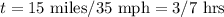 t =15 \textrm{ miles} / 35 \textrm{ mph}= 3/7 \textrm{ hrs}