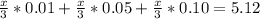 \frac{x}{3}*0.01+ \frac{x}{3}*0.05+\frac{x}{3}*0.10=5.12