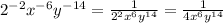 2^{-2}x^{-6}y^{-14}=\frac{1}{2^2x^6y^{14}}=\frac{1}{4x^6y^{14}}
