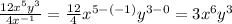 \frac{12x^5y^3}{4x^{-1}}=\frac{12}{4}x^{5-(-1)}y^{3-0}=3x^6y^3