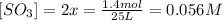 [SO_3]=2x=\frac{1.4 mol}{25 L}=0.056 M