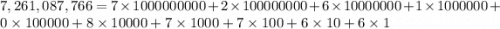 7,261,087,766=7\times 1000000000+2\times 100000000+6\times 10000000+1\times 1000000+0\times 100000+8\times 10000+7\times 1000+7\times 100+6\times 10+6\times 1