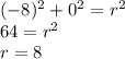 (-8)^2 + 0^2 = r^2&#10;\\&#10;64=r^2&#10;\\ r=8