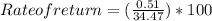 Rate of return = (\frac{0.51}{34.47}) *100