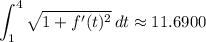 \displaystyle\int_1^4{\sqrt{1+f'(t)^{2}}}\,dt\approx 11.6900