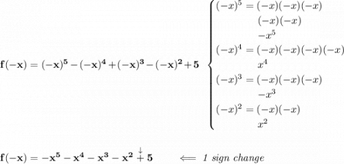 \bf f(-x)=(-x)^5-(-x)^4+(-x)^3-(-x)^2+5~~ \begin{cases} (-x)^5=(-x)(-x)(-x)\\ \qquad \qquad (-x)(-x)\\ \qquad \qquad -x^5\\ (-x)^4=(-x)(-x)(-x)(-x)\\ \qquad \qquad x^4\\ (-x)^3=(-x)(-x)(-x)\\ \qquad \qquad -x^3\\ (-x)^2=(-x)(-x)\\ \qquad \qquad x^2 \end{cases} \\\\\\ f(-x)=-x^5-x^4-x^3-x^2\stackrel{\downarrow }{+}5\qquad \impliedby \textit{1 sign change}