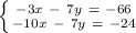 \left \{ {{-3x~-~7y~=~-66} \atop {-10x~-~7y~=~-24}} \right.