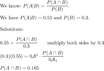 \text{We know:}\ P(A|B)=\dfrac{P(A\cap B)}{P(B)}.\\\\\text{We have}\ P(A|B)=0.55\ \text{and}\ P(B)=0.3.\\\\\text{Substitute:}\\\\0.55=\dfrac{P(A\cap B)}{0.3}\qquad\text{multiply both sides by 0.3}\\\\(0.3)(0.55)=0.3\!\!\!\!\!\diagup^1\cdot\dfrac{P(A\cap B)}{0.3\!\!\!\!\!\diagup_1}\\\\P(A\cap B)=0.165