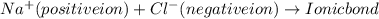 Na^{+}(positive ion) + Cl^{-}(negative ion)\rightarrow Ionic bond