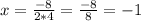 x=\frac{-8}{2*4}=\frac{-8}{8}=-1