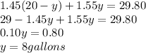 1.45(20-y) + 1.55y = 29.80&#10;\\&#10;29 -1.45y +1.55y = 29.80&#10;\\&#10;0.10y = 0.80&#10;\\&#10;y= 8 gallons