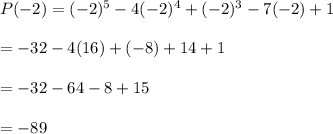P(-2)=(-2)^5-4(-2)^4+(-2)^3-7(-2)+1\\\\=-32-4(16)+(-8)+14+1\\\\=-32-64-8+15\\\\=-89