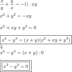 \dfrac{x}{y}+\dfrac{y}{x}=-1|\cdot xy\\\\ x^2+y^2=-xy\\\\ x^2+xy+y^2=0\\\\ \boxed{x^3-y^3=(x+y)(x^2+xy+y^2)}\\ \Downarrow\\ x^3-y^3=(x+y)\cdot 0\\\\ \boxed{\boxed{x^3-y^3=0}}