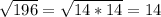 \sqrt{196}=\sqrt{14*14}=14