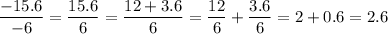 \dfrac{-15.6}{-6}=\dfrac{15.6}{6}=\dfrac{12+3.6}{6}=\dfrac{12}{6}+\dfrac{3.6}{6}=2+0.6=2.6