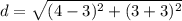 d=\sqrt{(4-3)^{2}+(3+3)^{2}}