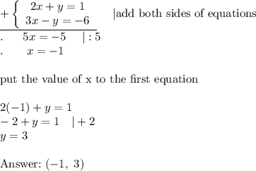 \underline{+\left\{\begin{array}{ccc}2x+y=1\\3x-y=-6\end{array}\right}\ \ \ \ |\text{add both sides of equations}\\.\ \ \ \ \ 5x=-5\ \ \ \ |:5\\.\ \ \ \ \ \ x=-1\\\\\text{put the value of x to the first equation}\\\\2(-1)+y=1\\-2+y=1\ \ \ |+2\\y=3\\\\\text{}\ (-1,\ 3)