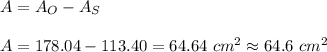 A=A_O-A_S\\\\A=178.04-113.40=64.64\ cm^2\approx64.6\ cm^2
