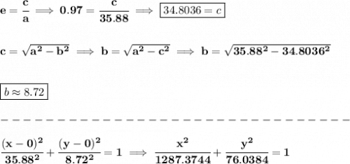 \bf e=\cfrac{c}{a}\implies 0.97=\cfrac{c}{35.88}\implies \boxed{34.8036=c} \\\\\\ c=\sqrt{a^2-b^2}\implies b=\sqrt{a^2-c^2}\implies b=\sqrt{35.88^2-34.8036^2} \\\\\\ \boxed{b\approx 8.72}\\\\ -------------------------------\\\\ \cfrac{(x-0)^2}{35.88^2}+\cfrac{(y-0)^2}{8.72^2}=1\implies \cfrac{x^2}{1287.3744}+\cfrac{y^2}{76.0384}=1