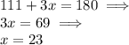 111+3x=180 \implies \\ 3x=69 \implies \\ x=23