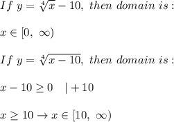 If\ y=\sqrt[4]{x}-10,\ then\ domain\ is:\\\\x\in[0,\ \infty)\\\\If\ y=\sqrt[4]{x-10},\ then\ domain\ is:\\\\x-10\geq0\ \ \ |+10\\\\x\geq10\to x\in[10,\ \infty)