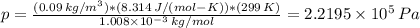 p= \frac{(0.09 \, kg/m^{3})*(8.314 \, J/(mol-K))*(299 \, K)}{1.008 \times 10^{-3} \, kg/mol} =2.2195 \times 10^{5} \, Pa